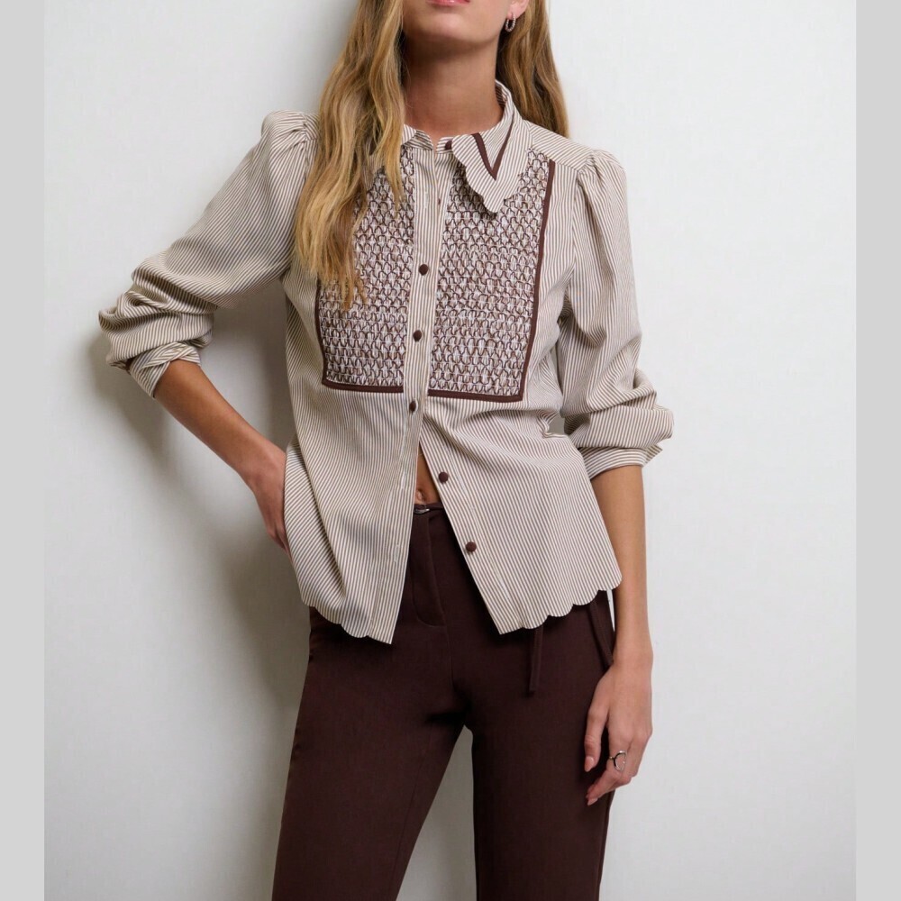 Brown Pinstripe Smocked Bib Long Puff Sleeve Button Front Blouse